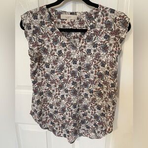 LOFT White Paisley V-Neck Cap Sleeve Blouse